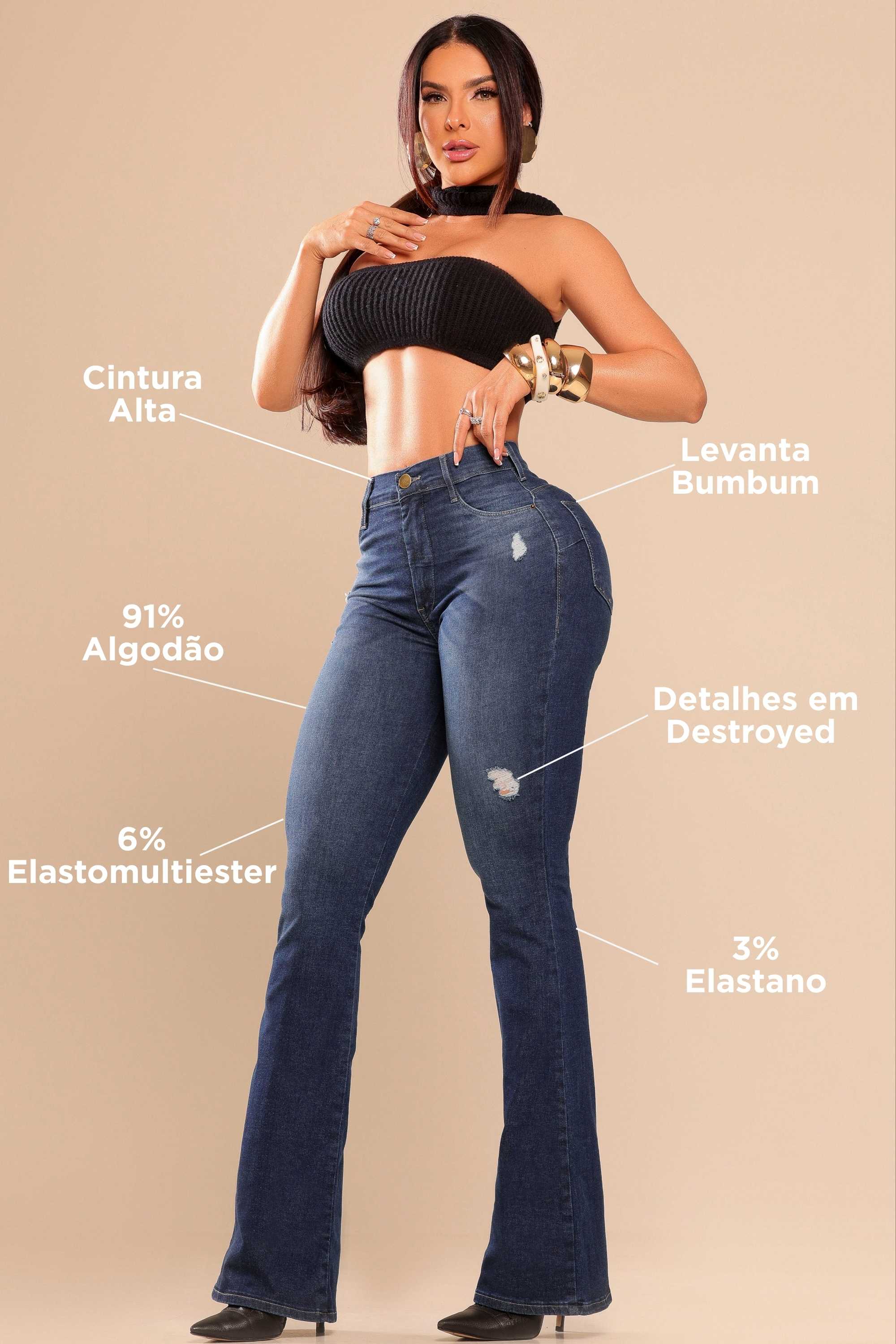 Calça Flare Feminina Destroyed Estonada Cintura Alta