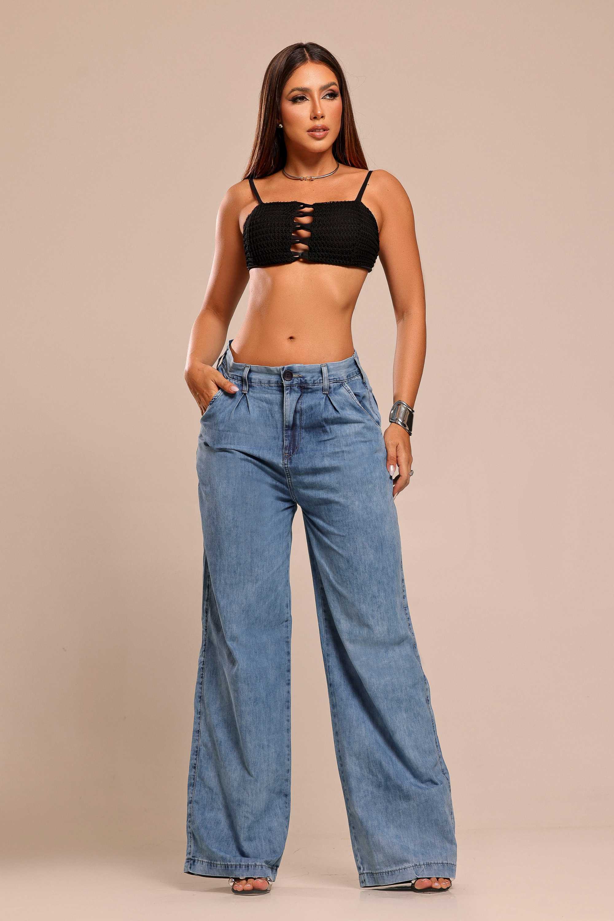 Shein CalÇa Jeans Feminina Com Bolso Embutido Calça Jeans Wide Leg