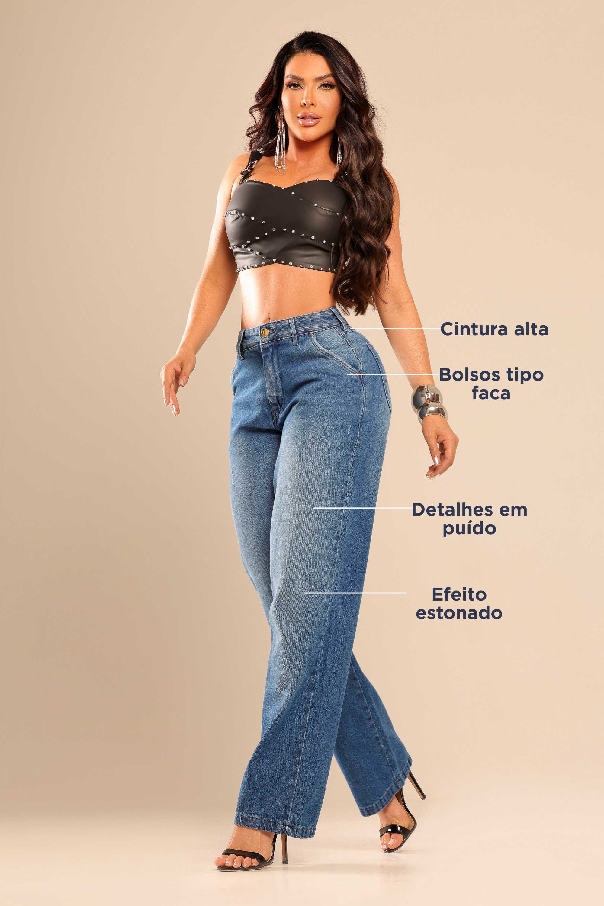 Bolso Traseiro CalÃ§a Social De AlgodÃ£o Feminina Calça Wide Leg