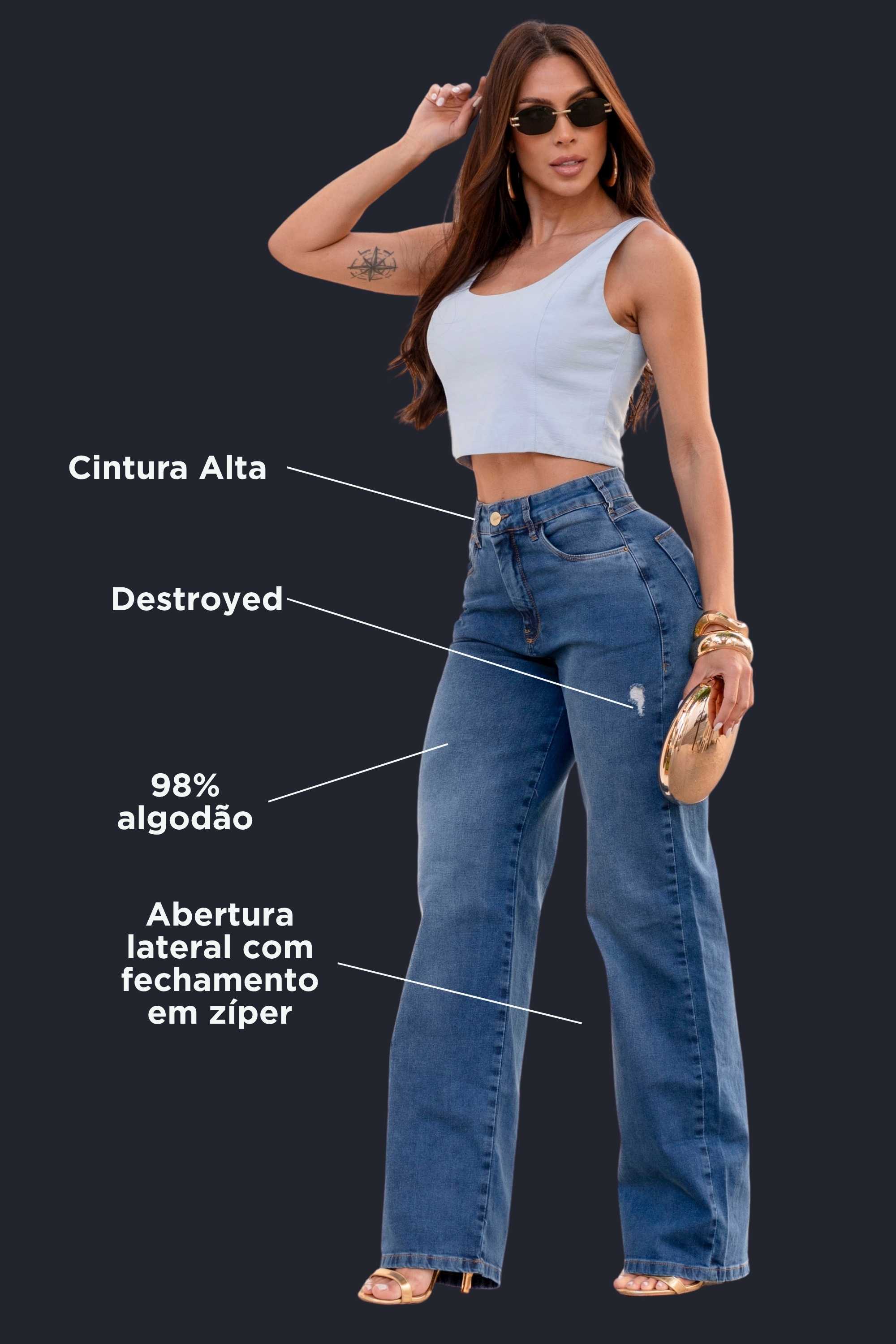 Calça Wide Leg Feminina Destroyed Legião Denim