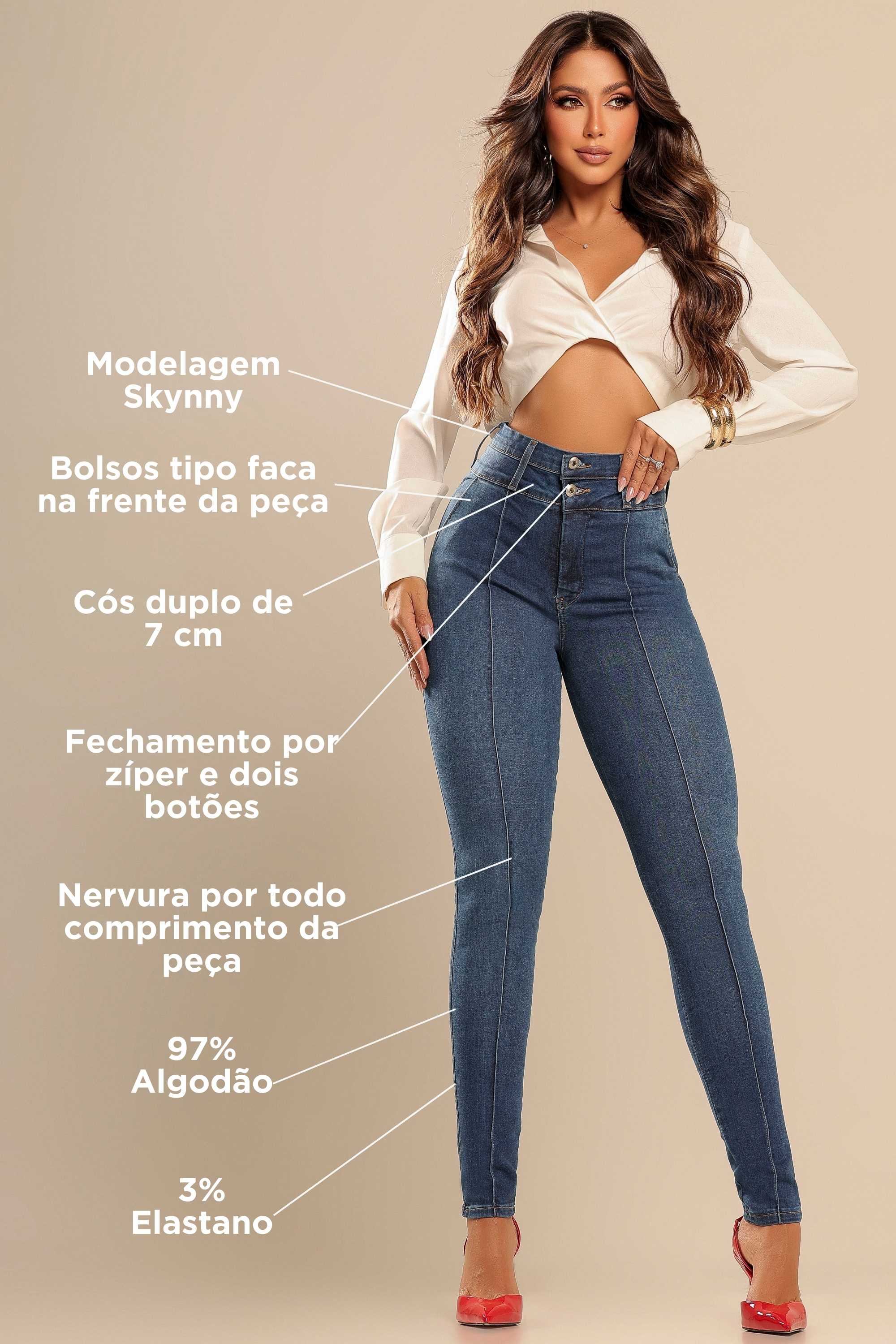 Calça Skinny Feminina Azul Médio com Cós Duplo Legião Denim